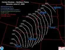 A map showing the path of the June 6 2020 derecho