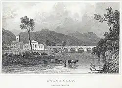 Bridge over the River Wnion in Dolgellau, 1830 by artist Henry Gastineau (1791–1876) and engraver Samuel Lacey&nbsp;[Wikidata] (1787–1859)