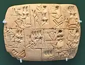 Early writing tablet for recording the allocation of beer; 3100–3000 BC; height: 9.4&nbsp;cm; width: 6.87&nbsp;cm; from Iraq; British Museum (London)