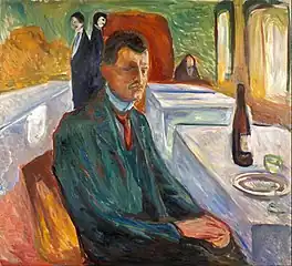 Self-Portrait with a Bottle of Wine, 1906, .mw-parser-output .frac{white-space:nowrap}.mw-parser-output .frac .num,.mw-parser-output .frac .den{font-size:80%;line-height:0;vertical-align:super}.mw-parser-output .frac .den{vertical-align:sub}.mw-parser-output .sr-only{border:0;clip:rect(0,0,0,0);clip-path:polygon(0px 0px,0px 0px,0px 0px);height:1px;margin:-1px;overflow:hidden;padding:0;position:absolute;width:1px}110&nbsp;cm ×&nbsp;120&nbsp;cm (43+1⁄4&nbsp;in ×&nbsp;47+1⁄4&nbsp;in), Munch Museum, Oslo