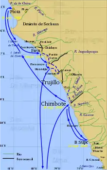 A map of the northern coast of Peru, showing the path the Lynch Expedition took