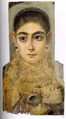 Mummy portrait of a young woman; 100–150 AD; cedar wood, encaustic painting and gold; height: 42&nbsp;cm, width: 24&nbsp;cm; Louvre