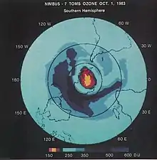 Image 30A team of British researchers found a hole in the ozone layer forming over Antarctica, the discovery of which would later influence the Montreal Protocol in 1987. (from Environmental science)