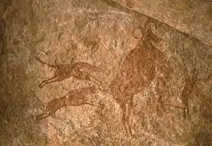 Image 59Petroglyph depicting two dogs hunting – Tassili n'Ajjer, Algeria (from Domestication of the dog)