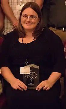 Files at Readercon in 2016, holding her Shirley Jackson Award for Best Novel
