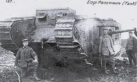 British Mk II tank captured by German troops in April 1917, showing long 57&nbsp;mm naval gun in side sponson