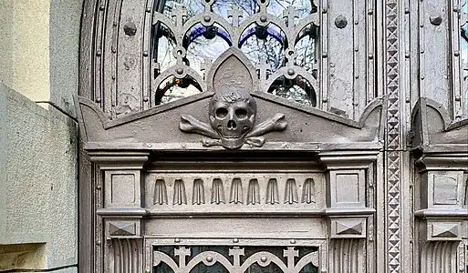 Neoclassical skull mascaron on the tomb of the Dobre Nicolau Family, Bellu Cemetery,  Bucharest, Romania, designed by Thoma Dobrescu, c.1900