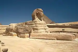 Great Sphinx of Giza, c. 2558–2532 BC, the largest monolithic statue in the world, standing 73.5 metres (241&nbsp;ft) long, 6 metres (20&nbsp;ft) wide, and 20.22&nbsp;m (66.34&nbsp;ft) high. Giza, Egypt.