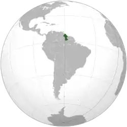 Location of&nbsp;Guyana&nbsp;(green)in South America&nbsp;(grey)