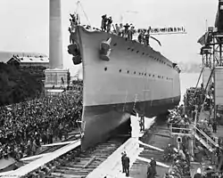 The light cruiser HMAS&nbsp;Adelaide being launched at Cockatoo Island Dockyard in 1918