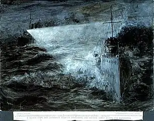 A clever feat: the destroyer HMS&nbsp;Derwent torpedoing the cruiser HMS&nbsp;Aeolus during the manoevres 27 August 1904