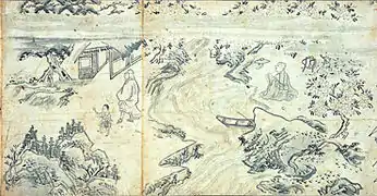 Landscape in wash. Monochrome version of Saigyō Monogatari Emaki&nbsp;[fr], 15th century