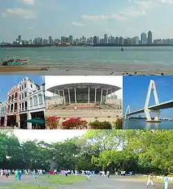 Top: Panoramic view of Haikou from Xixiu Beach, Middle from left: A facade building in Zhongshan Road in Qiongshan District, Hainan Performance of Art Center,  Haikou Century Bridge and Nandu River, Bottom: Haikou People's Park in Lonhua District