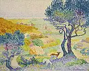 Henri-Edmond Cross, 1907–08, La Pleine de Bormes, oil on canvas, 73.1 x 91.8&nbsp;cm. Exposició d'Art francès d'Avantguarda, Galeries Dalmau, Barcelona, 1920