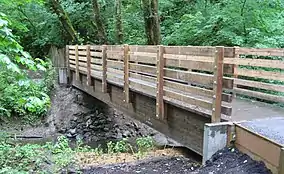 A wooden footbridge about 3 feet (1&nbsp;m) wide and 30 feet (9.1&nbsp;m) long spans a small stream flowing through a forest.