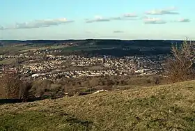 Skyline of Matlock, both the administrative centre of Derbyshire Dales and the official county town of Derbyshire