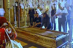 The Stone of Unction&nbsp;– the traditional site of the anointing of Jesus's body after the crucifixion&nbsp;– in the Church of the Holy Sepulchre in 2007.