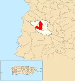 Location of Hormigueros within the municipality of Hormigueros shown in red