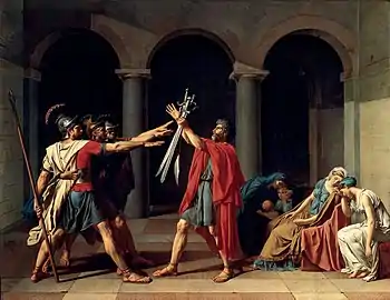 Oath of the Horatii; by Jacques-Louis David; 1784; oil on canvas; 3.3 x 4.27&nbsp;m; Louvre
