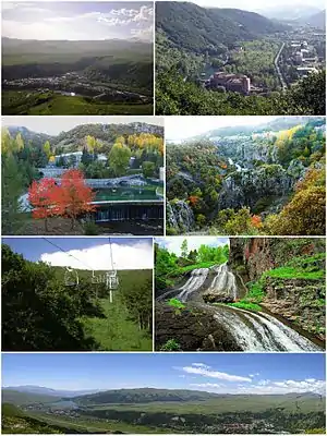 From top left:Jermuk skyline&nbsp;• Arpa RiverSpa resorts&nbsp;• Jermuk Forest SanctuaryJermuk cableway&nbsp;• Jermuk WaterfallPanoramic view of Jermuk