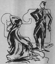 Pen and ink sketch showing slim, art-deco style figures of John and Ethel Barrymore