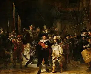 The Night Watch; by Rembrandt; 1642; oil on canvas; 3.63 × 4.37&nbsp;m; Rijksmuseum, Amsterdam, the Netherlands