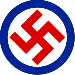 Emblem of the Parti National Socialiste Chretien du Canada, a blue-bordered white circle charged with a red swastika in the centre