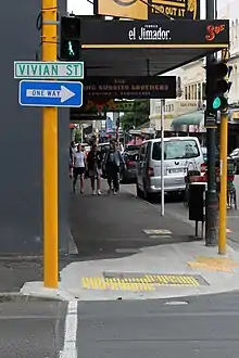 Carmen Rupe pedestrian crossing light at the Vivian and Cuba Street intersection