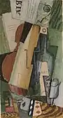 Louis Marcoussis, 1919, Violon, bouteilles de Marc et cartes (Violin, Marc bottles and cards), gouache and watercolor over charcoal on paper, 45.8 × 24.5&nbsp;cm