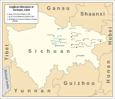 Map of Sichuan showing Anglican mission stations of CIM, CMS and BCMS, in the West China Diocese (pinyinified version)