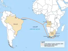 Route of the SAex submarine cable as planned in late 2011
