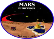 An image inside an oval, depicting two spacecraft, one a lander, and one a rover, on the surface of Mars. The words "Mars Pathfinder" are written on the top and the words "NASA&nbsp;· JPL" are written on the bottom.