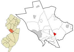 Location of Robbinsville CDP in Mercer County highlighted in red (right). Inset map: Location of Mercer County in New Jersey highlighted in orange (left).