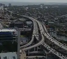 The southernmost 3-mile (5&nbsp;km) of Interstate 95 where it passes by Downtown Miami are often congested.