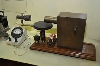 Jagadish Chandra Bose in 1894 was the first person to produce millimeter waves; his spark oscillator (in box, right) generated 60&nbsp;GHz (5&nbsp;mm) waves using 3&nbsp;mm metal ball resonators.