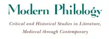 Modern Philology logo. Green writing states "Modern Philology", underneath in brown writing it is written "critical and historical studies in literature, medieval through contemporary"