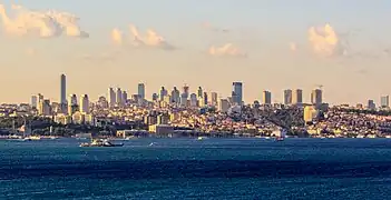 A distant view of Levent's skyline from the Bosphorus strait in Istanbul