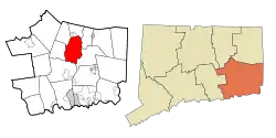Norwich's location within New London County and Connecticut