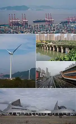 Clockwise from the top: Port of Ningbo, Yanshan Dyke, Zhonghe Road Station, China Port Museum, Chuanshan Wind Power Plant