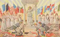 "The Allies -- France, Belgium, America, England, Portugal, Greece, Romania, Serbia, Montenegro, and Italy impose peace to the Central Powers", c.1920