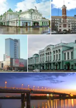 Top: Omsk State Academic Drama Theater&nbsp;[ru], Fire Observation Tower, (left to right) Middle: Omsk Festiwal Complex Center area, Vrubel Fine Art Museum, (left to right) Bottom: 60 years Victory Bridge (Most 60 Letiya Pobedy)