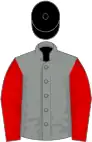 Grey, red sleeves, black cap