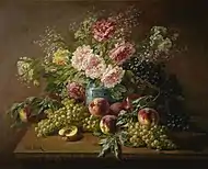 Nature morte avec fleurs, pêches et raisins (Still life with flowers, peaches and grapes), oil on canvas, 91.4 × 73.7&nbsp;cm