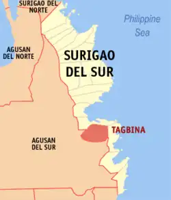 Map of Surigao del Sur with Tagbina highlighted