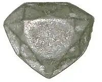 Lead cast of the "French Blue" diamond, discovered in 2007 at the National Museum of Natural History (France) by Farges (ca. 31&nbsp;mm ×&nbsp;26&nbsp;mm (1.2&nbsp;in ×&nbsp;1.0&nbsp;in)).