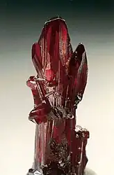 Proustite (long prismatic crystal) – Chañarcillo, Copiapo Province,  Chile. Specimen height is 4&nbsp;cm.