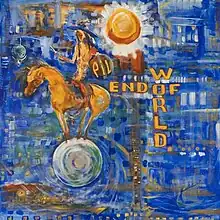 A painting of a man on horseback, with the horse balancing on a sphere, under the sun