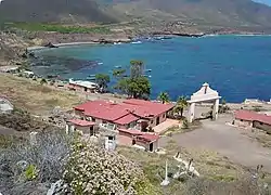 Puerto Santo Tomás, Baja California, Mexico coastline with Puerto Santo Tomas Resort in the foreground.