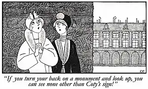 A black and white sketch of Lorelei and Dorothy standing near a Paris monument. They are attired like stereotypical flappers in cloche hats and furs.