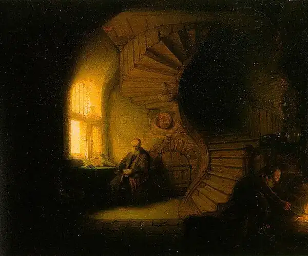 Rembrandt's The Philosopher in Meditation, strikes an image of Allan Bennetts struggles for the "Ultimate" for "the Beyond" even as a layman, with chronic physical suffering, a luminous heart of metta, still devoted to the Buddhas Path of inward practice.